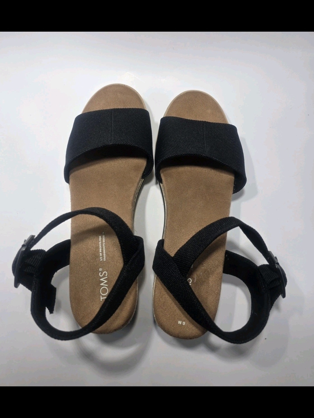 TOMS Women’s Size 6 Black Espadrille  Sandals Canvas Strap Wedge Comfort Shoe
